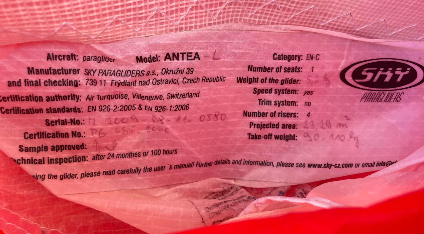 Used Sky Paragliders Antea paraglider, size L, excellent condition for sale — photo 1 of 5