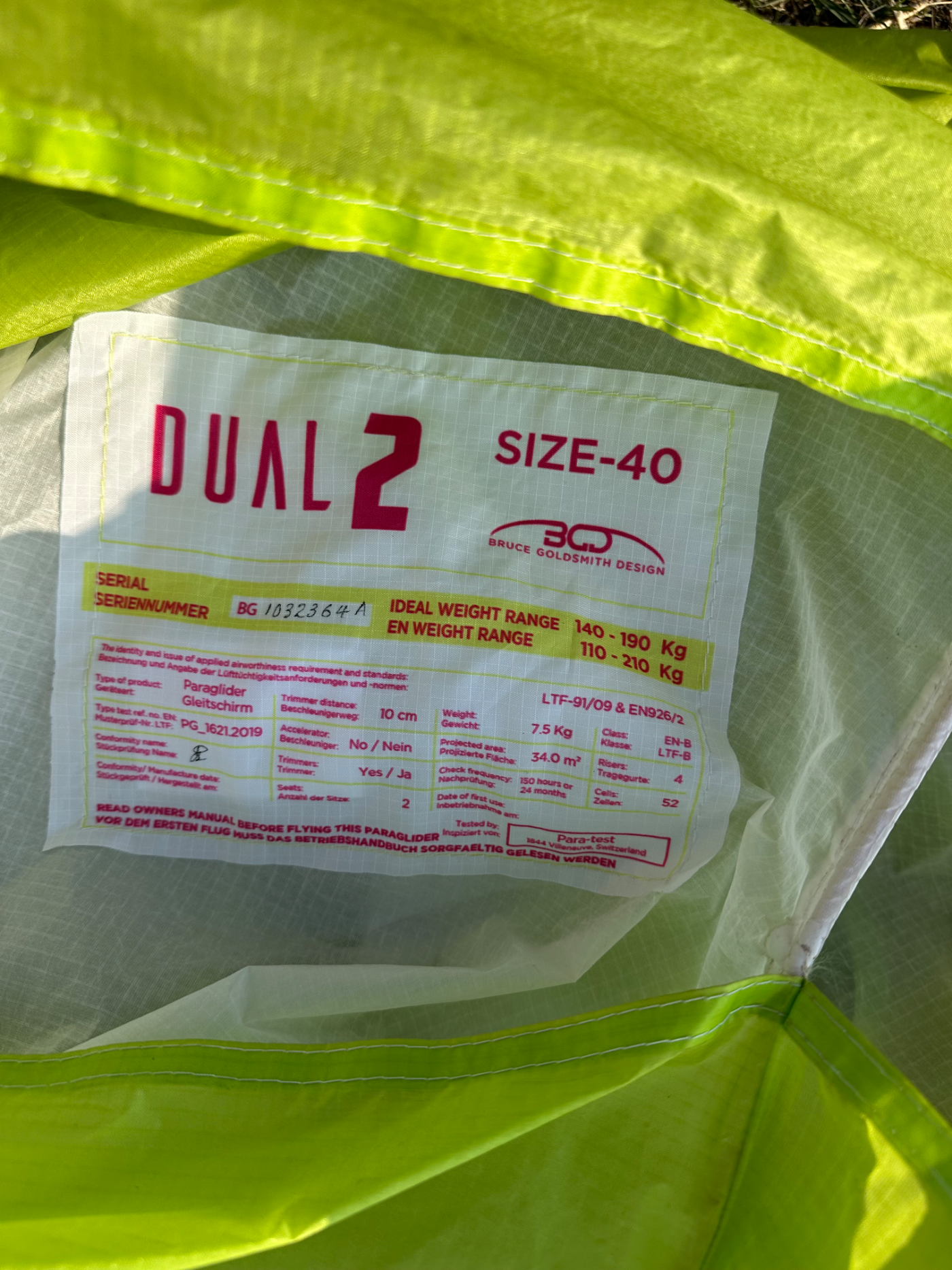 Used BGD Dual 2 tandem paraglider, size 40, very good condition for sale — photo 1 of 5