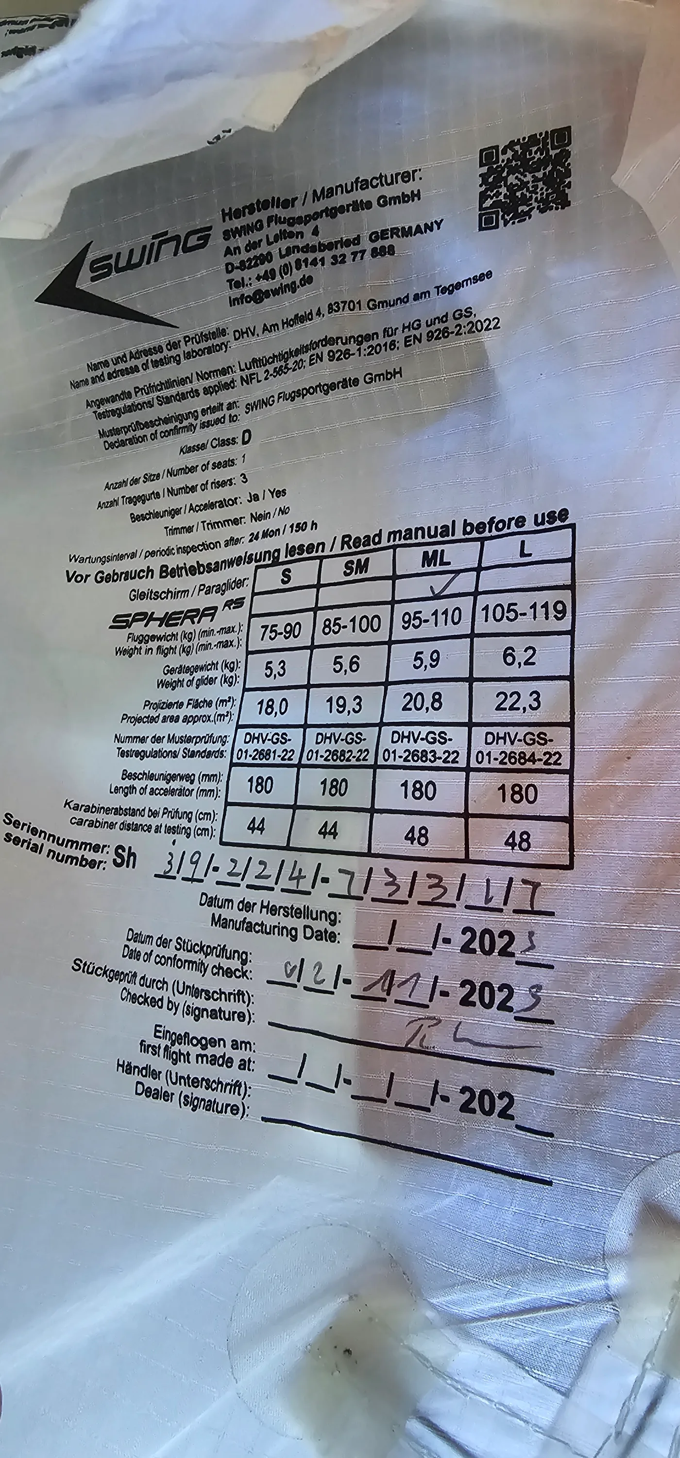 Used Swing Sphera RS paraglider, size ML, very good condition for sale — photo 5 of 5